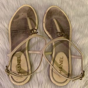 Chanel CC Logo Patent Leather Beige TStrap Sandals